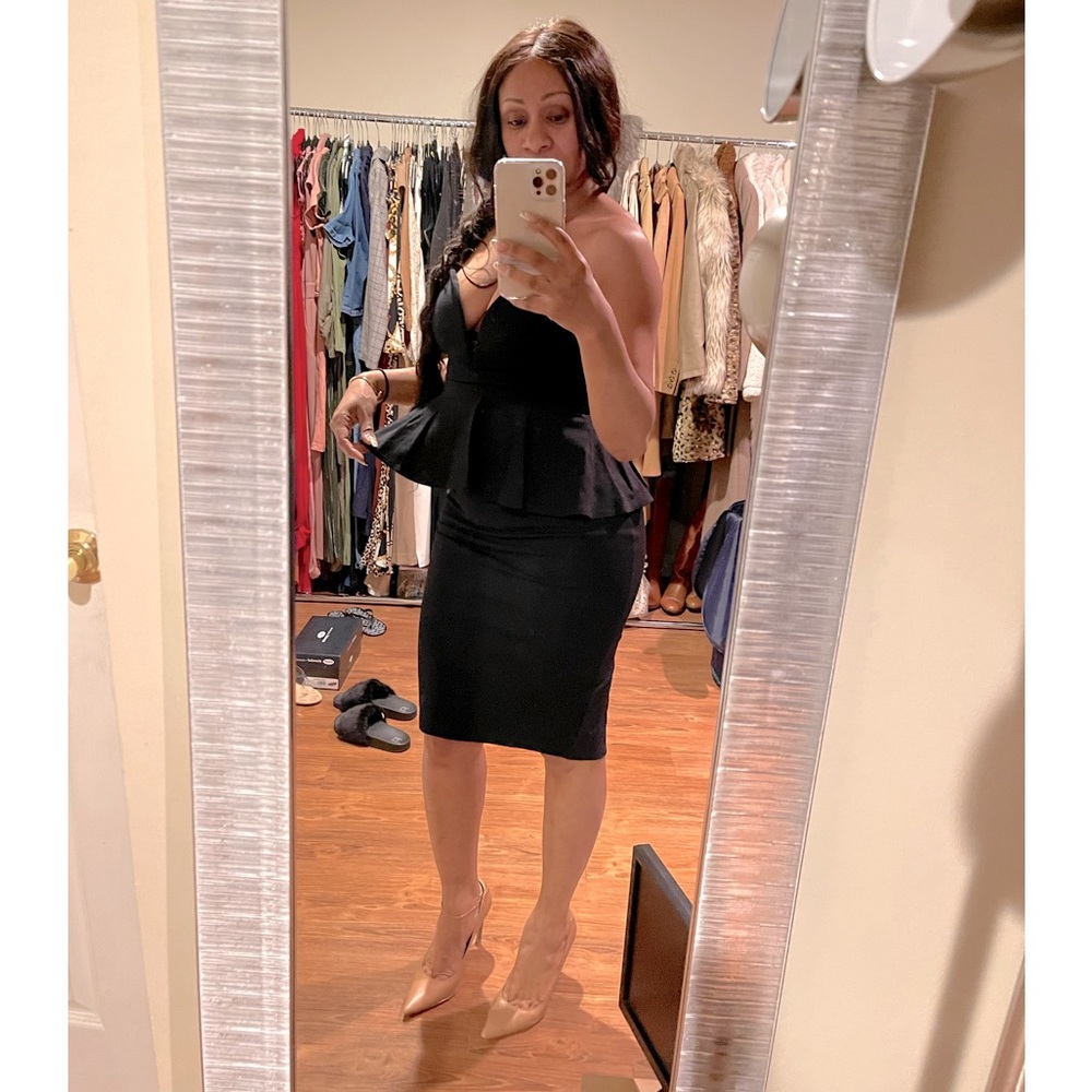 Black peplum strapless cocktail dress…